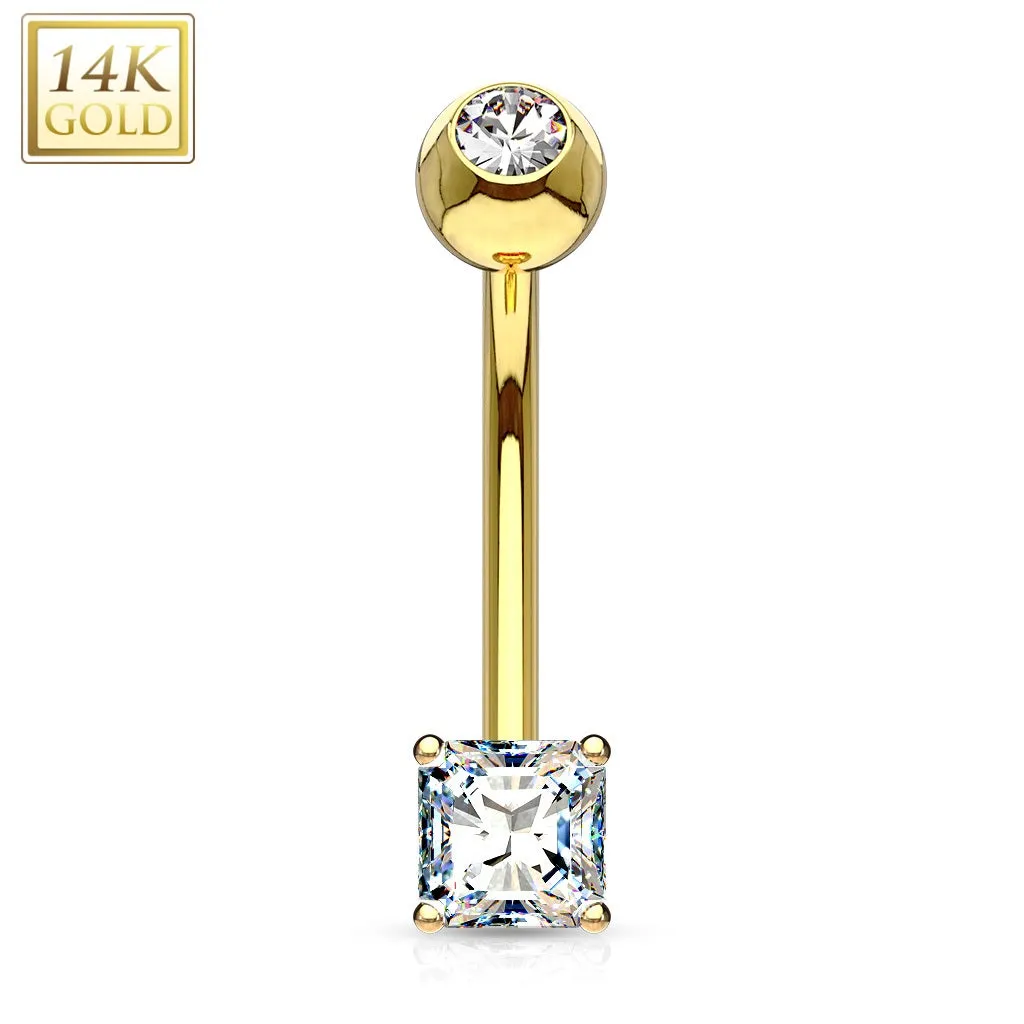 14 KT Solid Gold Square CZ Belly Ring