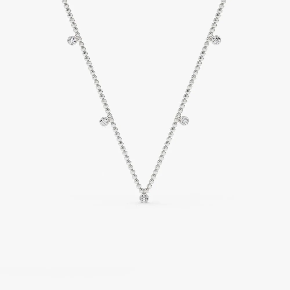 14k 2MM Bead Necklace with Dangling Bezel Setting Diamonds