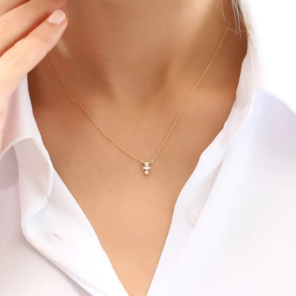 14K Gold Baguette and Round Cut Diamond Necklace