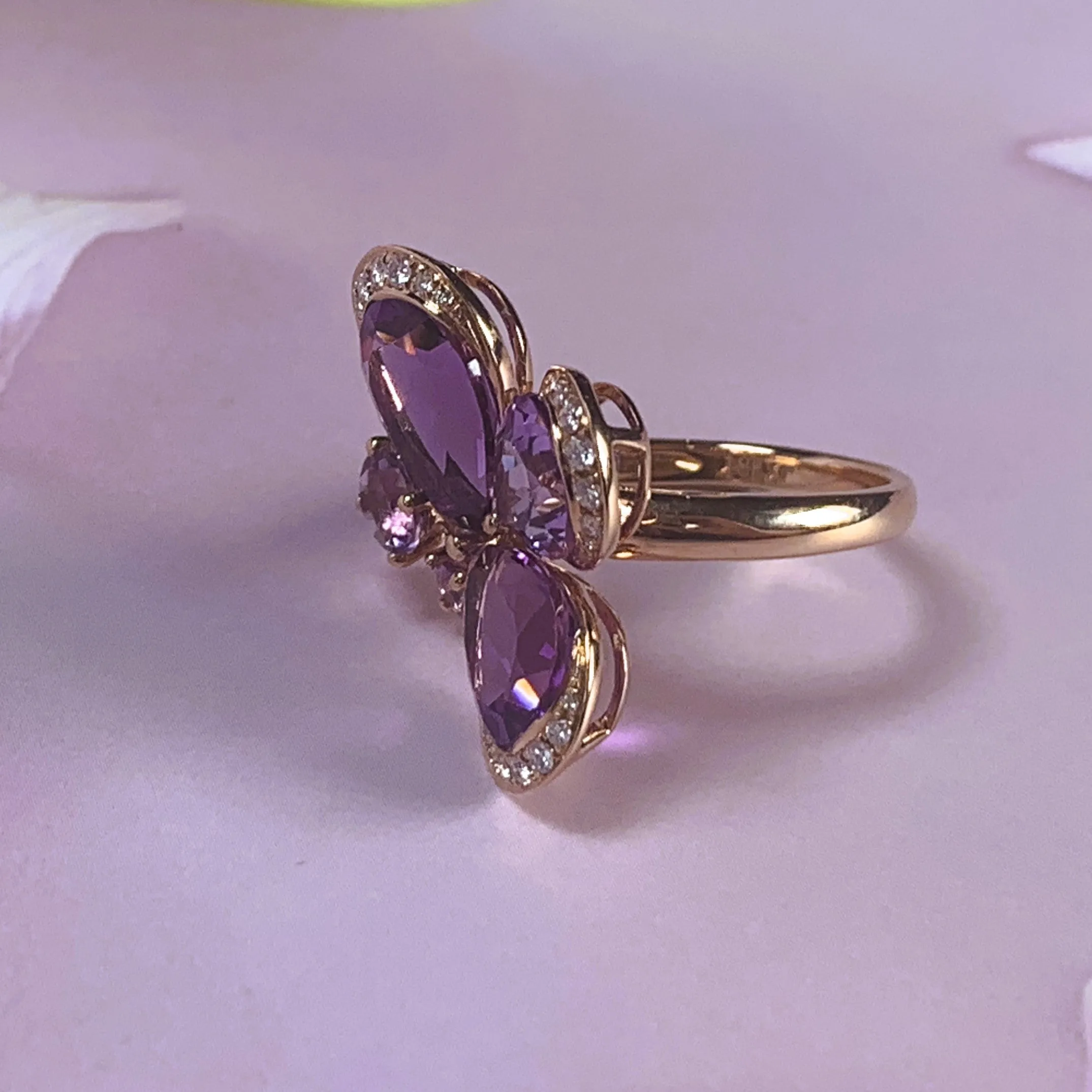 18kt Rose Gold Butterfly design Amethyst and Diamond ring
