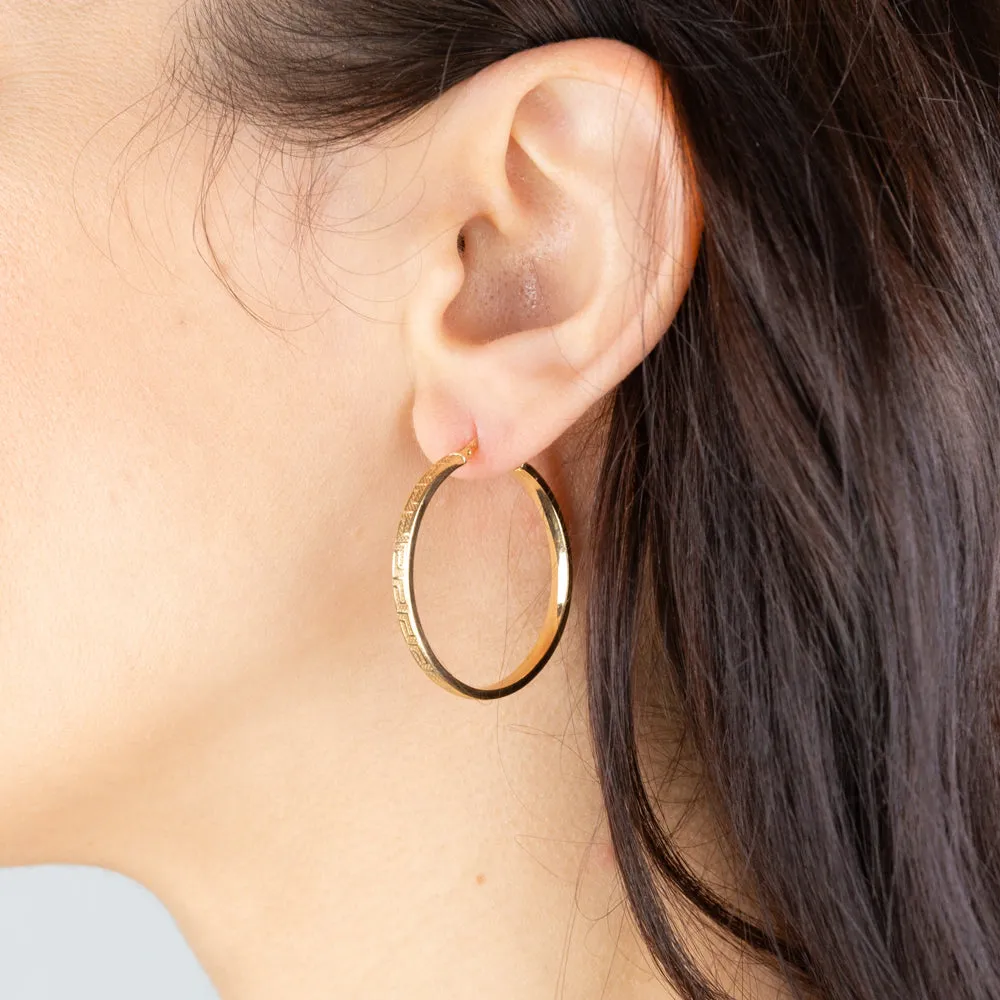9ct Yellow Gold Silverfilled Greek Key Hoop Earrings