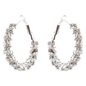 Beautiful Dazzling Beaded Wrap Double Row Crystal Rhinestone Hoop Earring Silver