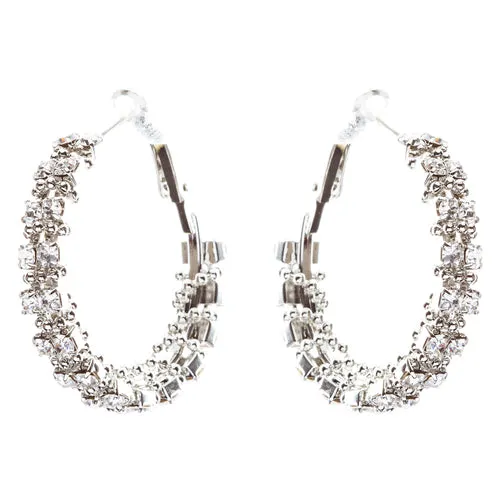 Beautiful Dazzling Beaded Wrap Double Row Crystal Rhinestone Hoop Earring Silver