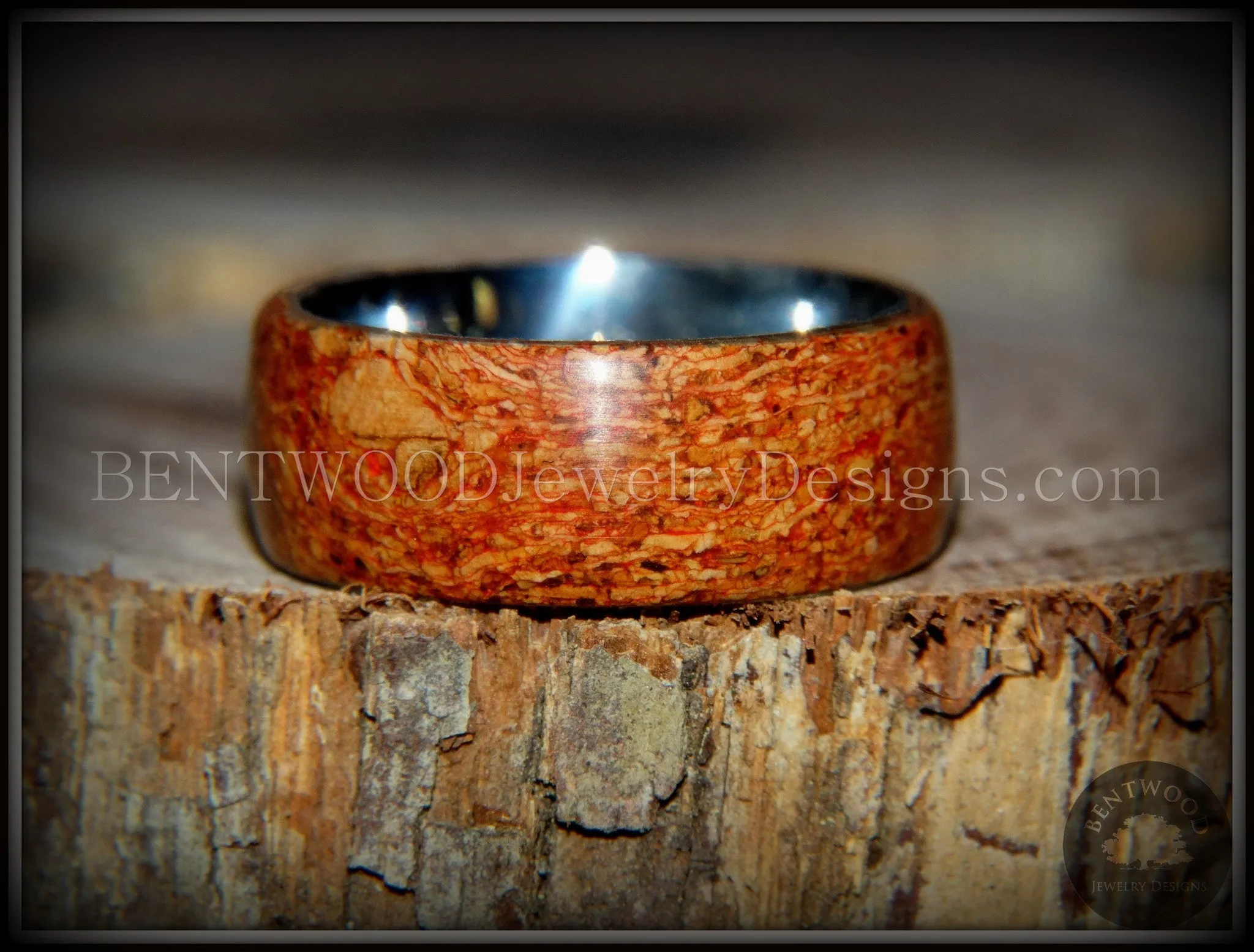 Bentwood Ring - "Figured Red" Mediterranean Oak Burl Wood Ring with Surgical Grade Stainless Steel Comfort Fit Metal Core