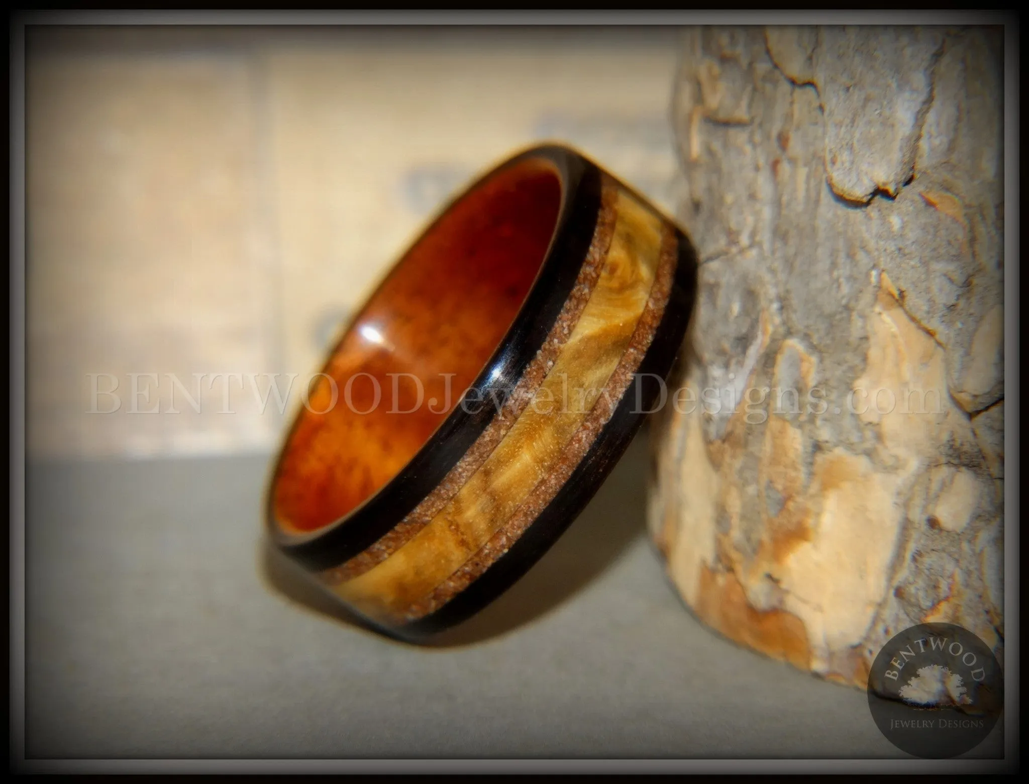 Bentwood Ring - "Great Lakes" Amboyna Burl and Ebony on Mahogany Liner with Beach Sand Inlays