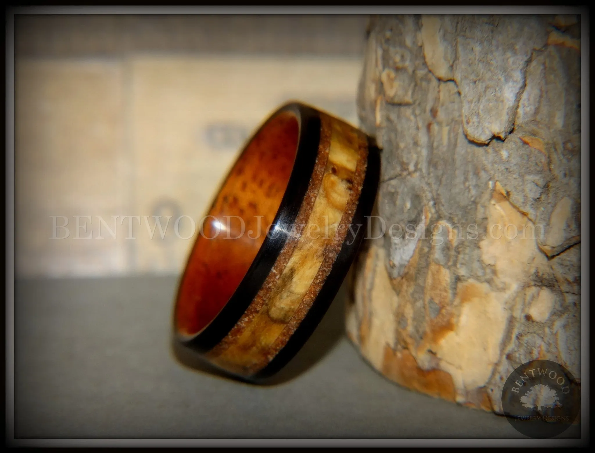 Bentwood Ring - "Great Lakes" Amboyna Burl and Ebony on Mahogany Liner with Beach Sand Inlays