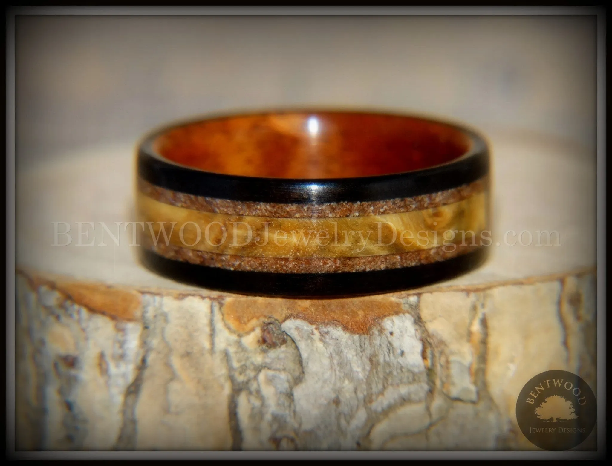 Bentwood Ring - "Great Lakes" Amboyna Burl and Ebony on Mahogany Liner with Beach Sand Inlays