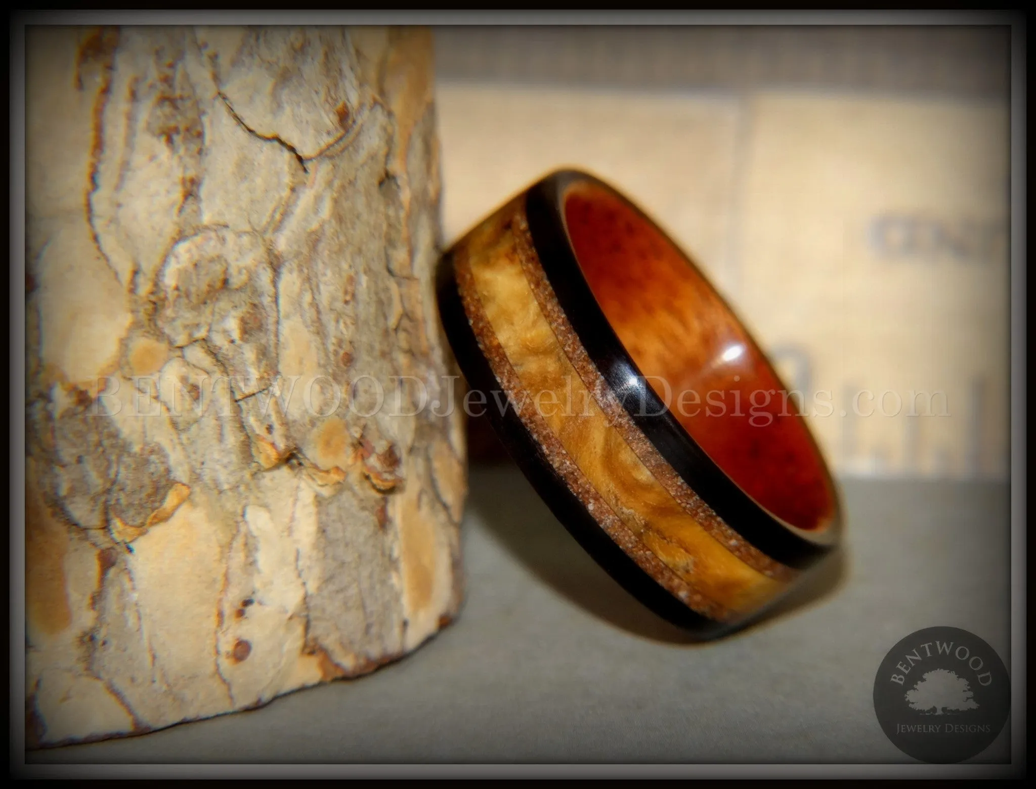 Bentwood Ring - "Great Lakes" Amboyna Burl and Ebony on Mahogany Liner with Beach Sand Inlays