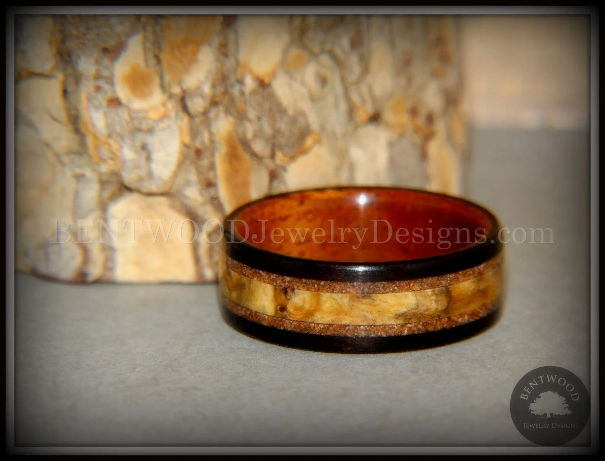 Bentwood Ring - "Great Lakes" Amboyna Burl and Ebony on Mahogany Liner with Beach Sand Inlays