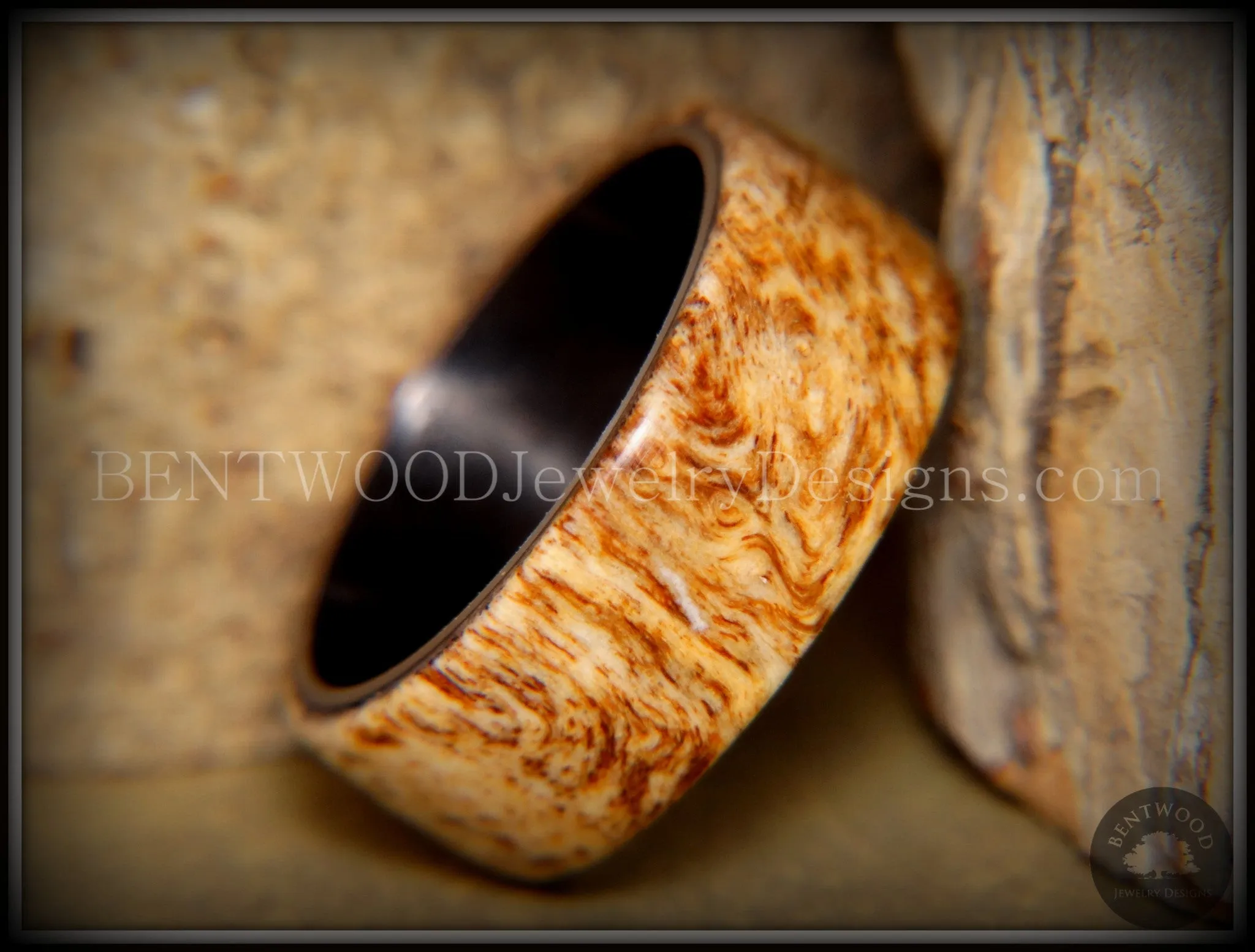 Bentwood Ring - "Marbled" Maple Burl Wood Ring with Surgical Grade "Onyx Black" Stainless Steel Comfort Fit Metal Core