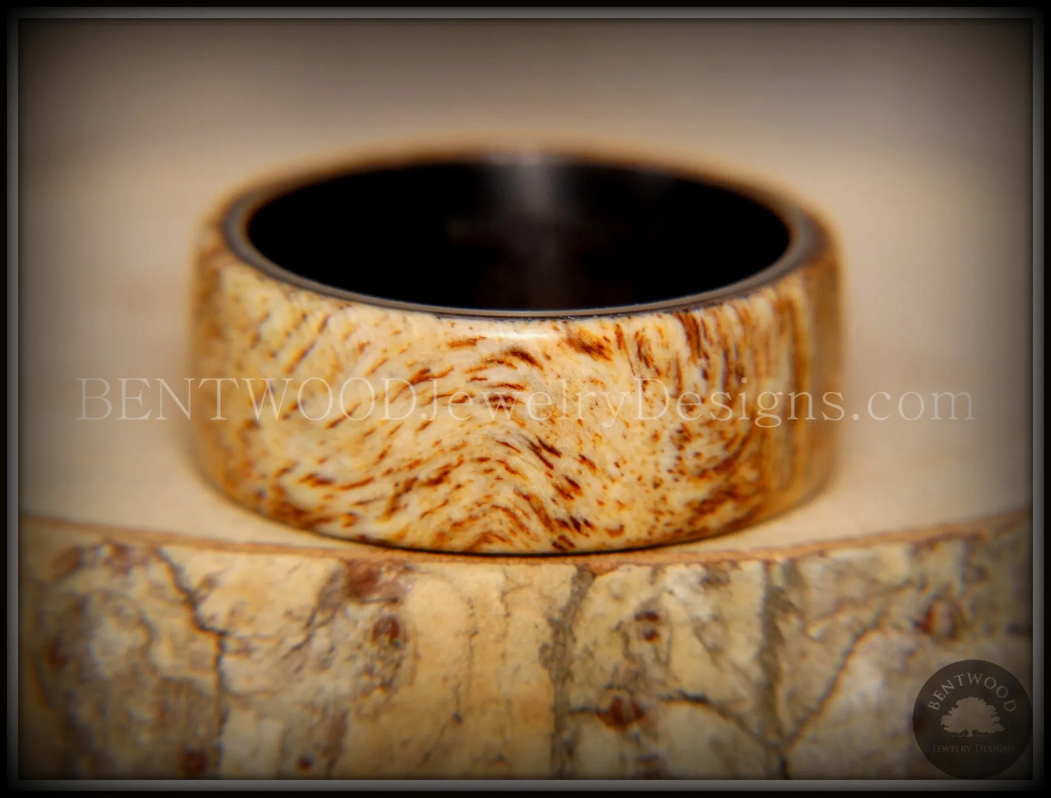 Bentwood Ring - "Marbled" Maple Burl Wood Ring with Surgical Grade "Onyx Black" Stainless Steel Comfort Fit Metal Core