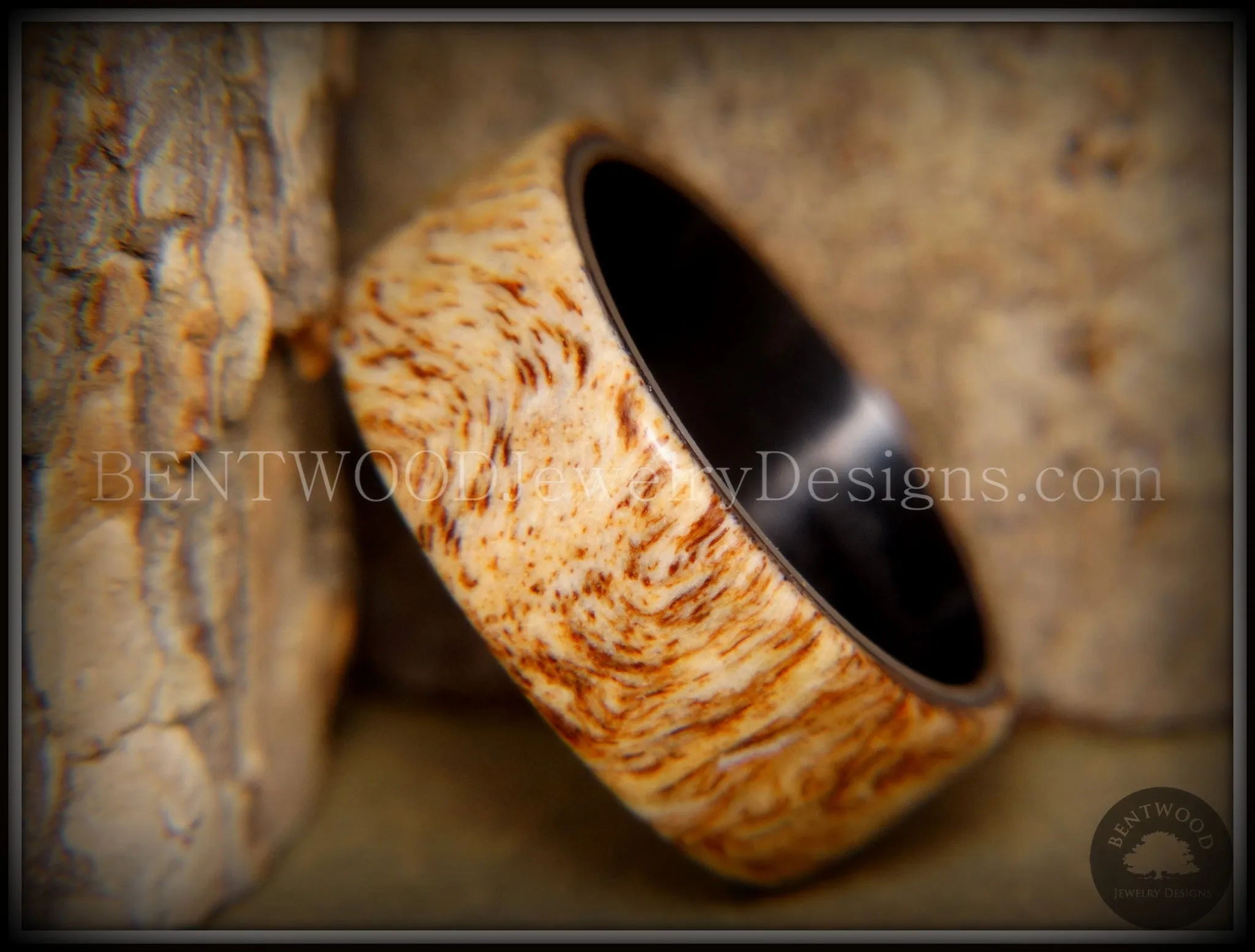 Bentwood Ring - "Marbled" Maple Burl Wood Ring with Surgical Grade "Onyx Black" Stainless Steel Comfort Fit Metal Core