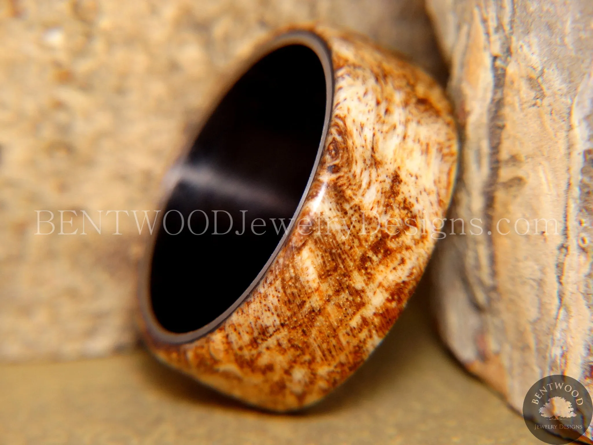 Bentwood Ring - "Marbled" Maple Burl Wood Ring with Surgical Grade "Onyx Black" Stainless Steel Comfort Fit Metal Core