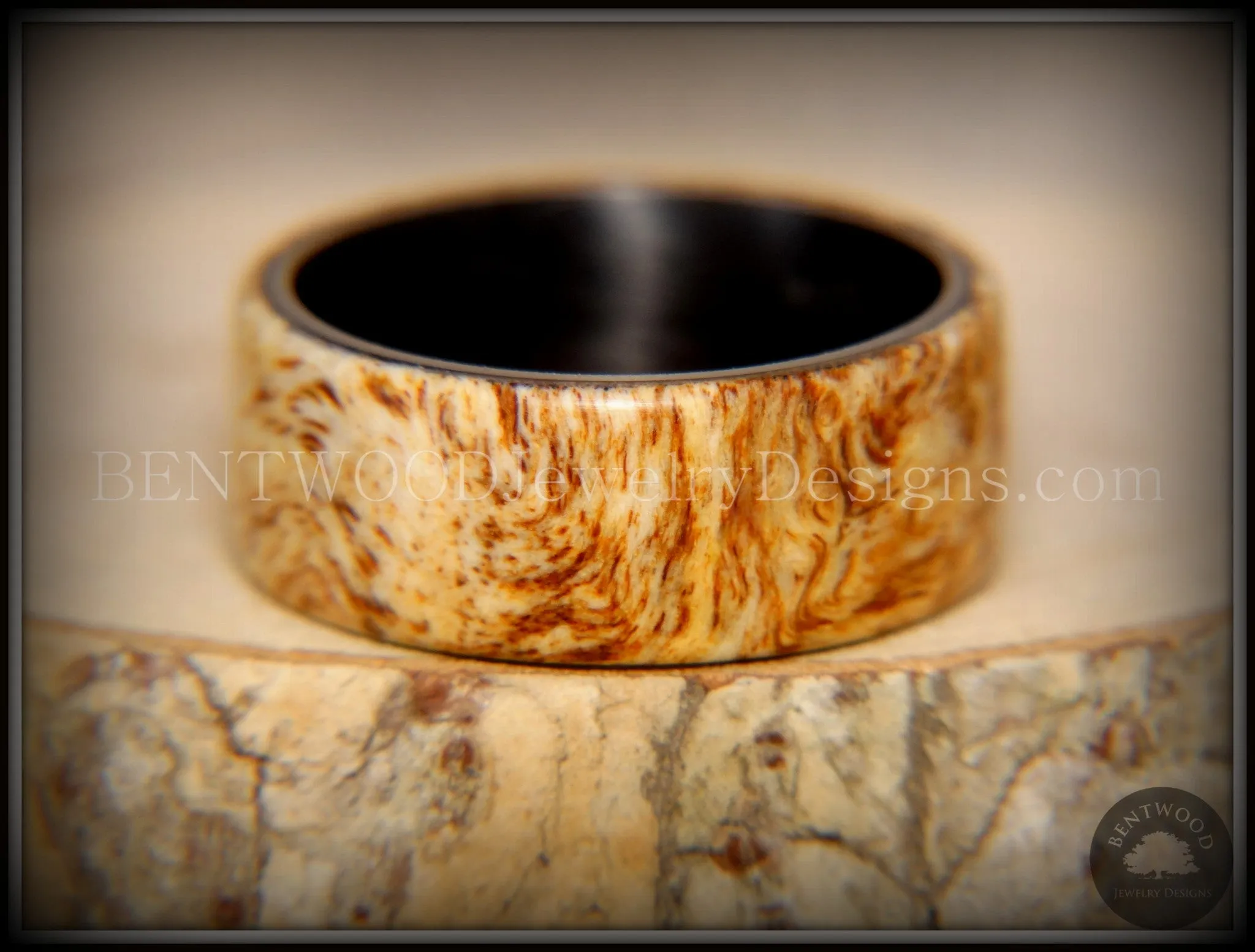 Bentwood Ring - "Marbled" Maple Burl Wood Ring with Surgical Grade "Onyx Black" Stainless Steel Comfort Fit Metal Core