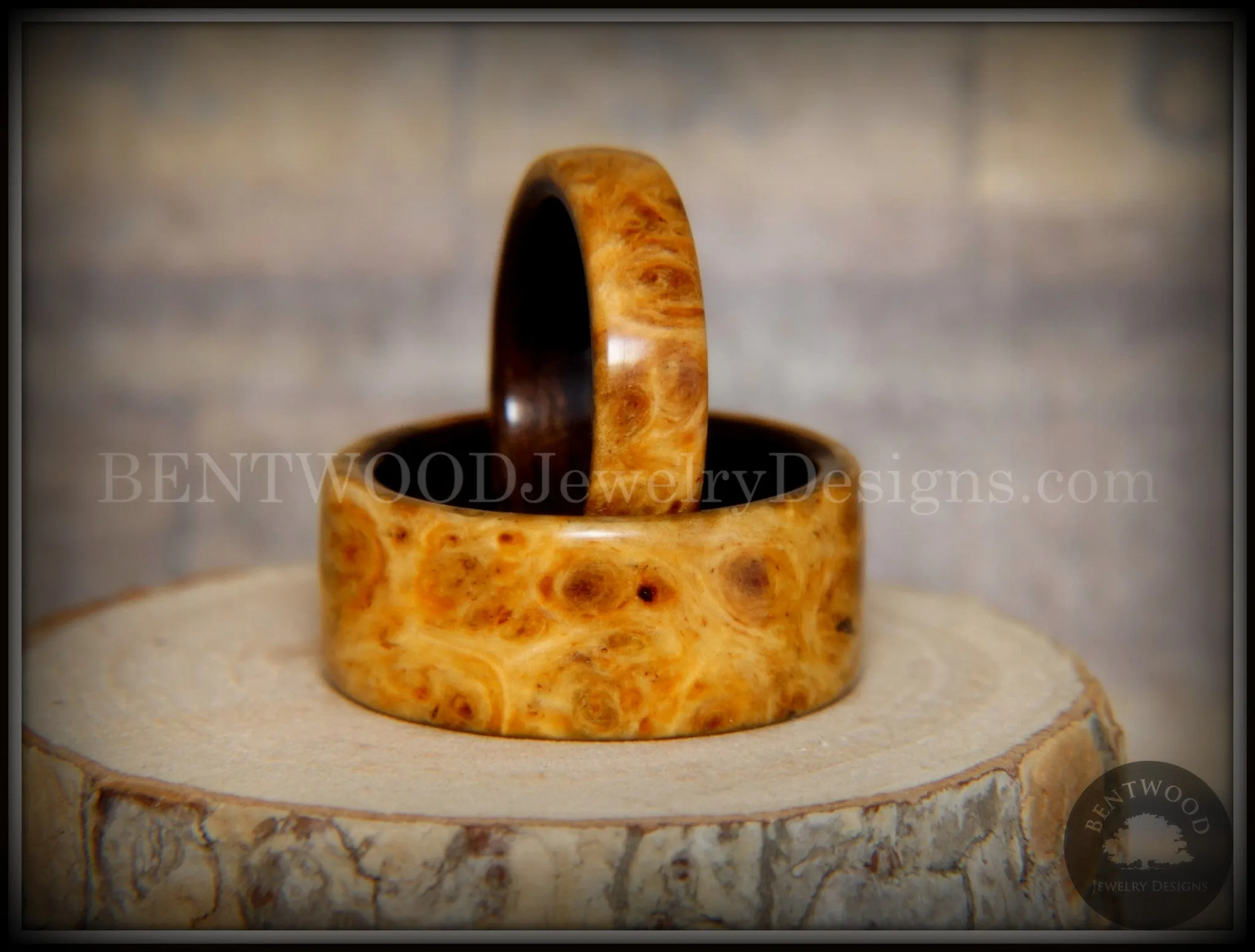 Bentwood Rings Set - "Golden Pair" Gold Amboyna Burl on Ebony Wood Core Set