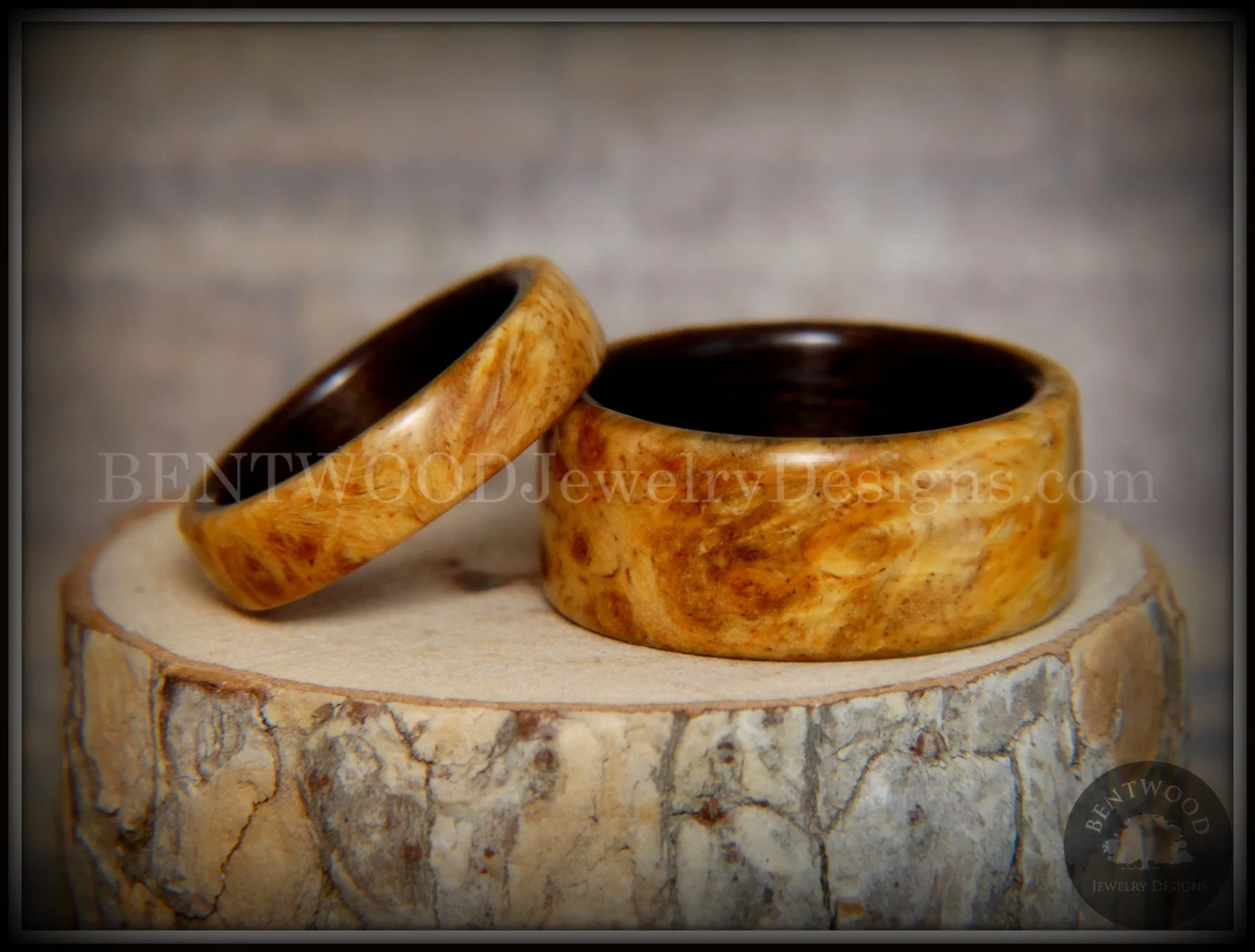 Bentwood Rings Set - "Golden Pair" Gold Amboyna Burl on Ebony Wood Core Set