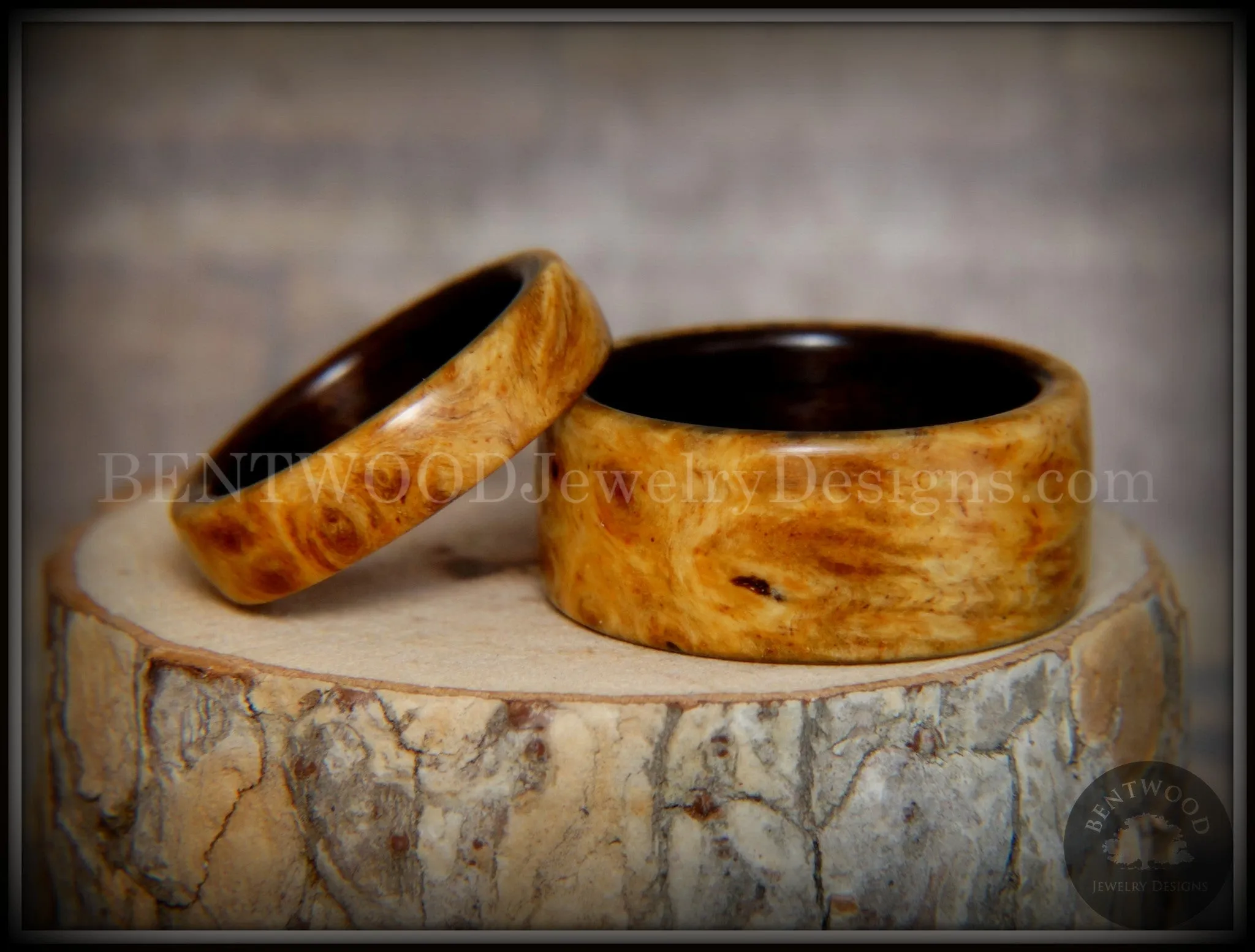 Bentwood Rings Set - "Golden Pair" Gold Amboyna Burl on Ebony Wood Core Set