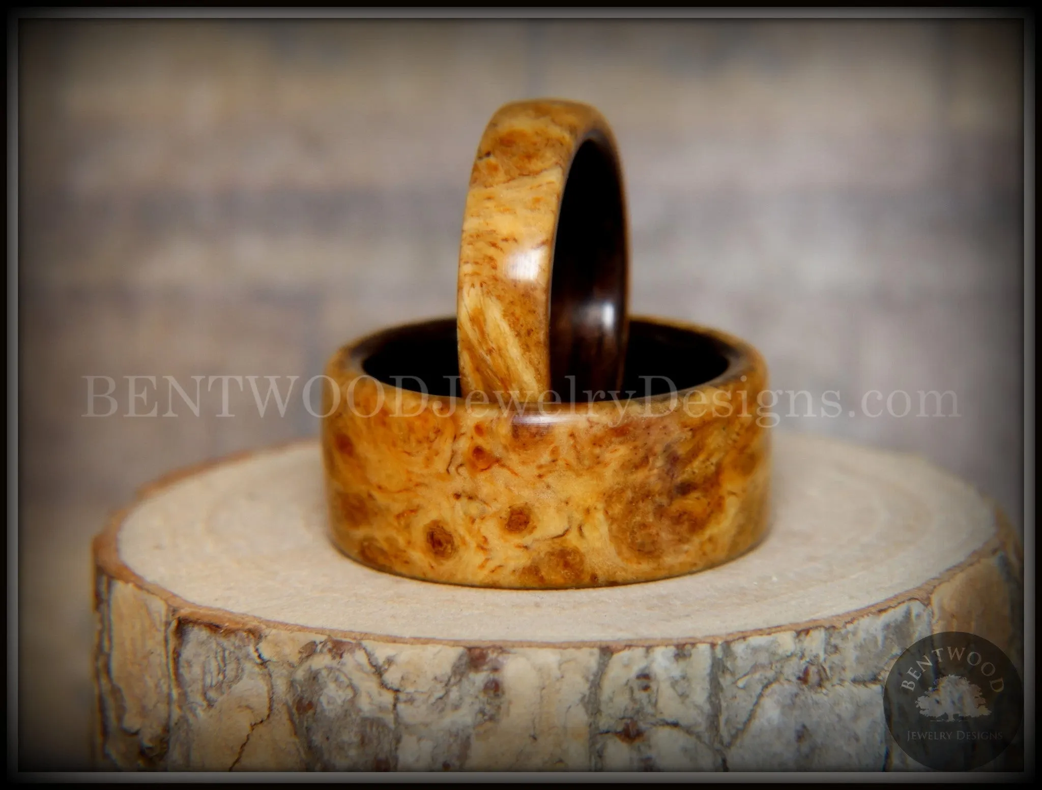 Bentwood Rings Set - "Golden Pair" Gold Amboyna Burl on Ebony Wood Core Set