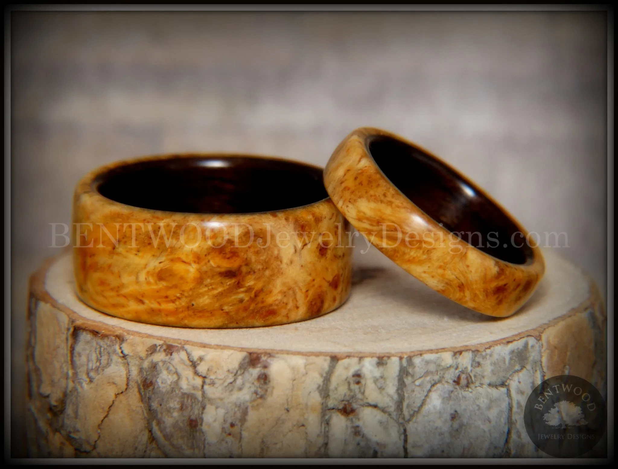Bentwood Rings Set - "Golden Pair" Gold Amboyna Burl on Ebony Wood Core Set