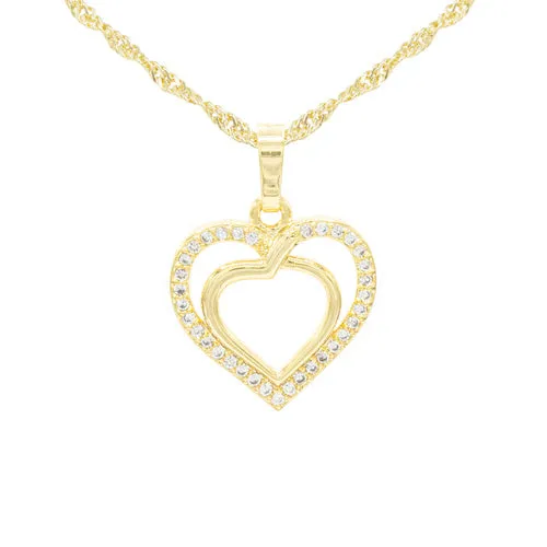 Cubic Zirconia 14K Gold Filled Twofold Heart Pendant Necklace Set