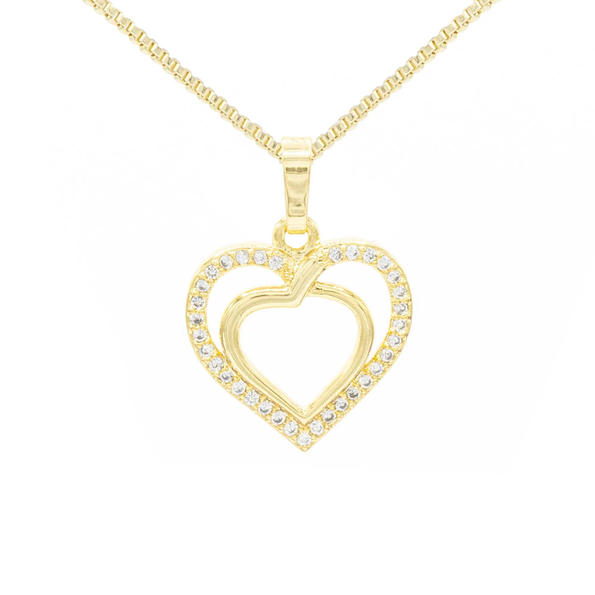 Cubic Zirconia 14K Gold Filled Twofold Heart Pendant Necklace Set