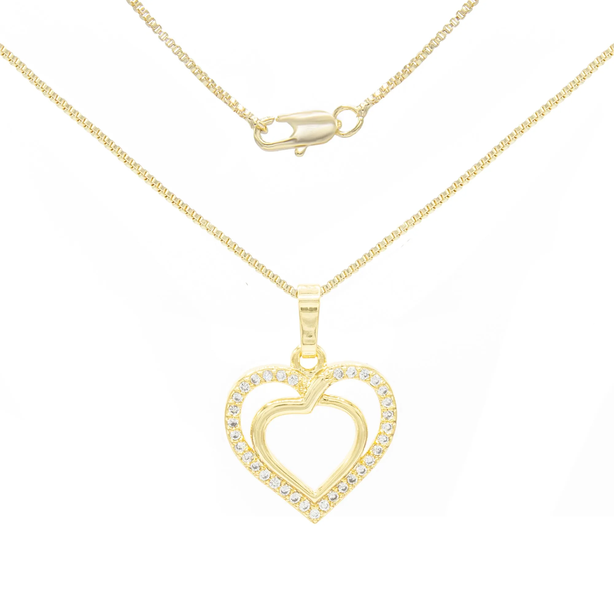 Cubic Zirconia 14K Gold Filled Twofold Heart Pendant Necklace Set