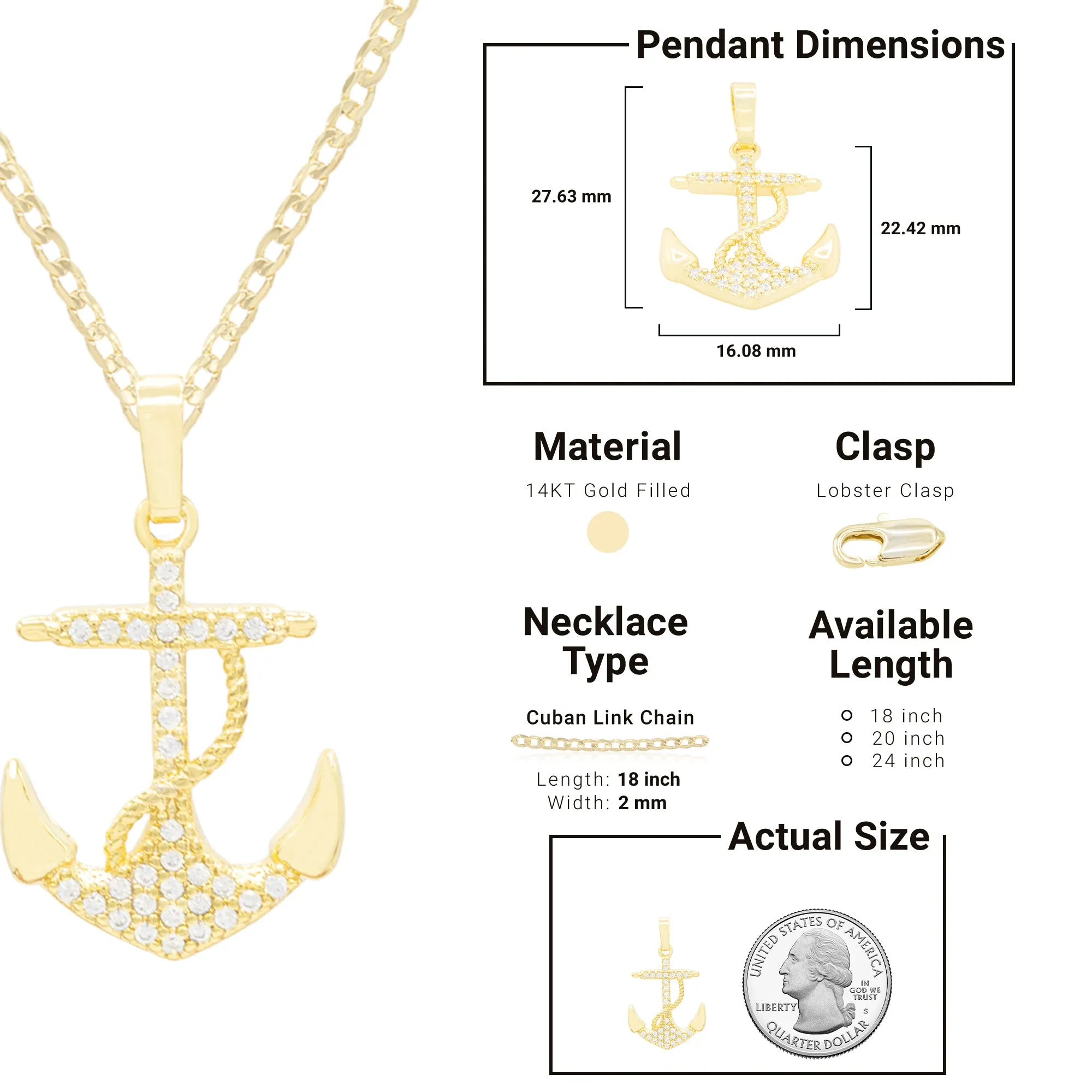 Cubic Zirconia Devil Anchor Pendant 14K Gold Filled Necklace Set