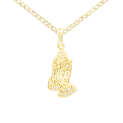 Cubic Zirconia Praying Hands Pendant 14K Gold Filled Necklace Set