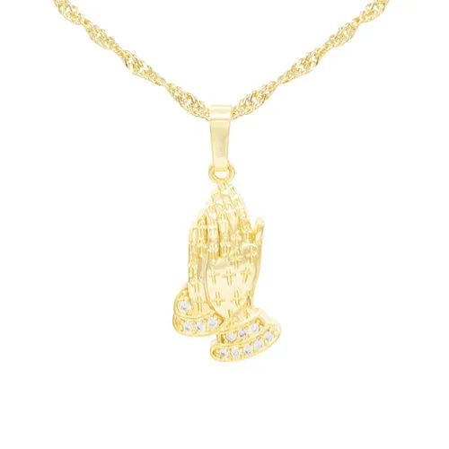Cubic Zirconia Praying Hands Pendant 14K Gold Filled Necklace Set
