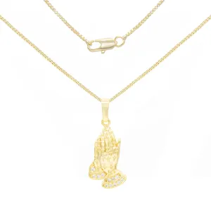 Cubic Zirconia Praying Hands Pendant 14K Gold Filled Necklace Set