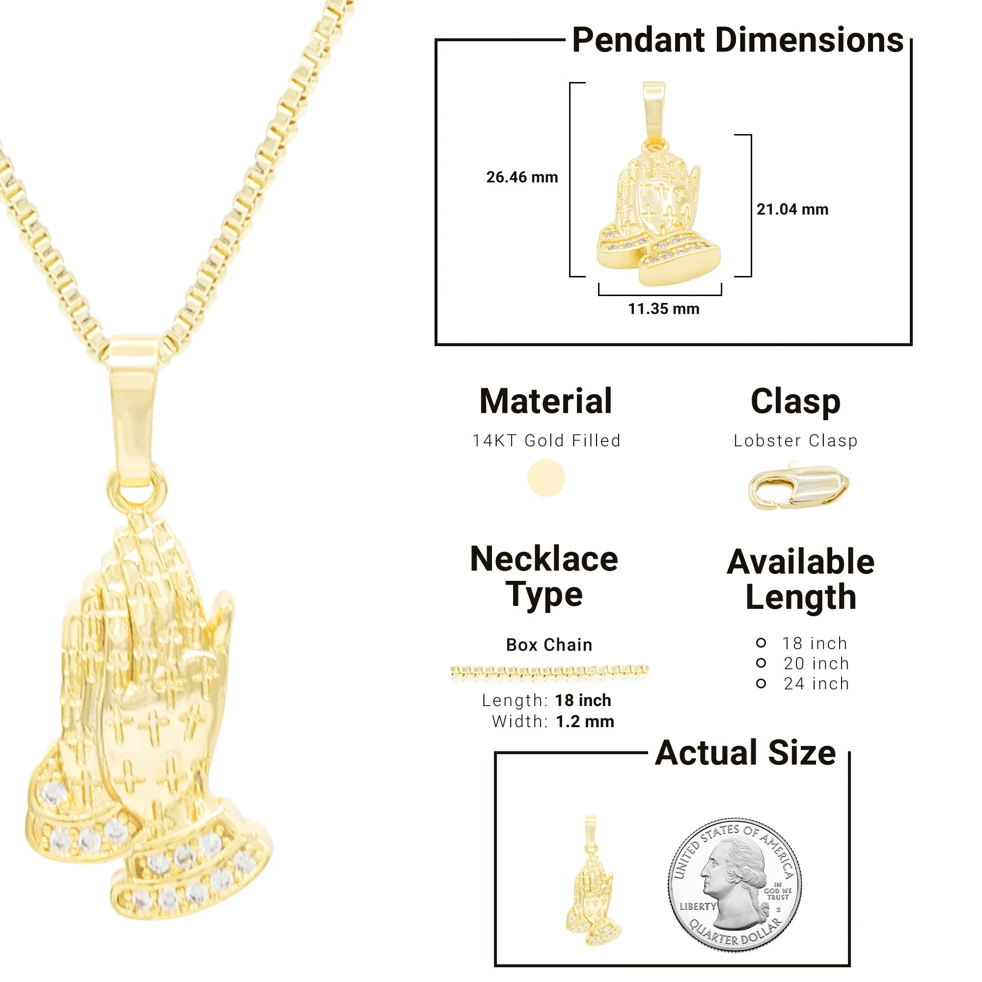 Cubic Zirconia Praying Hands Pendant 14K Gold Filled Necklace Set