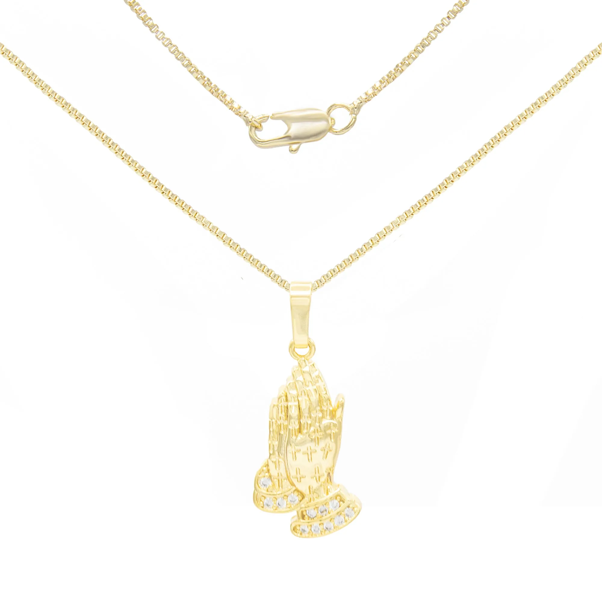 Cubic Zirconia Praying Hands Pendant 14K Gold Filled Necklace Set