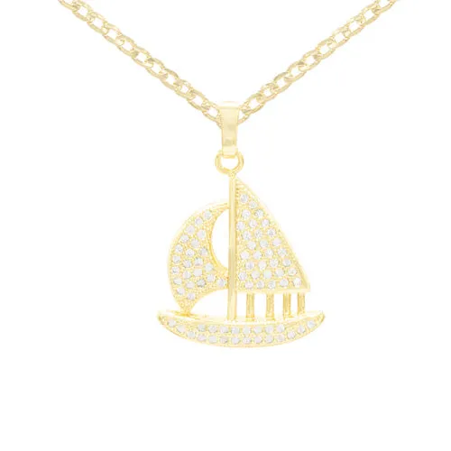 Cubic Zirconia Sail Boat Pendant 14K Gold Filled Necklace Set