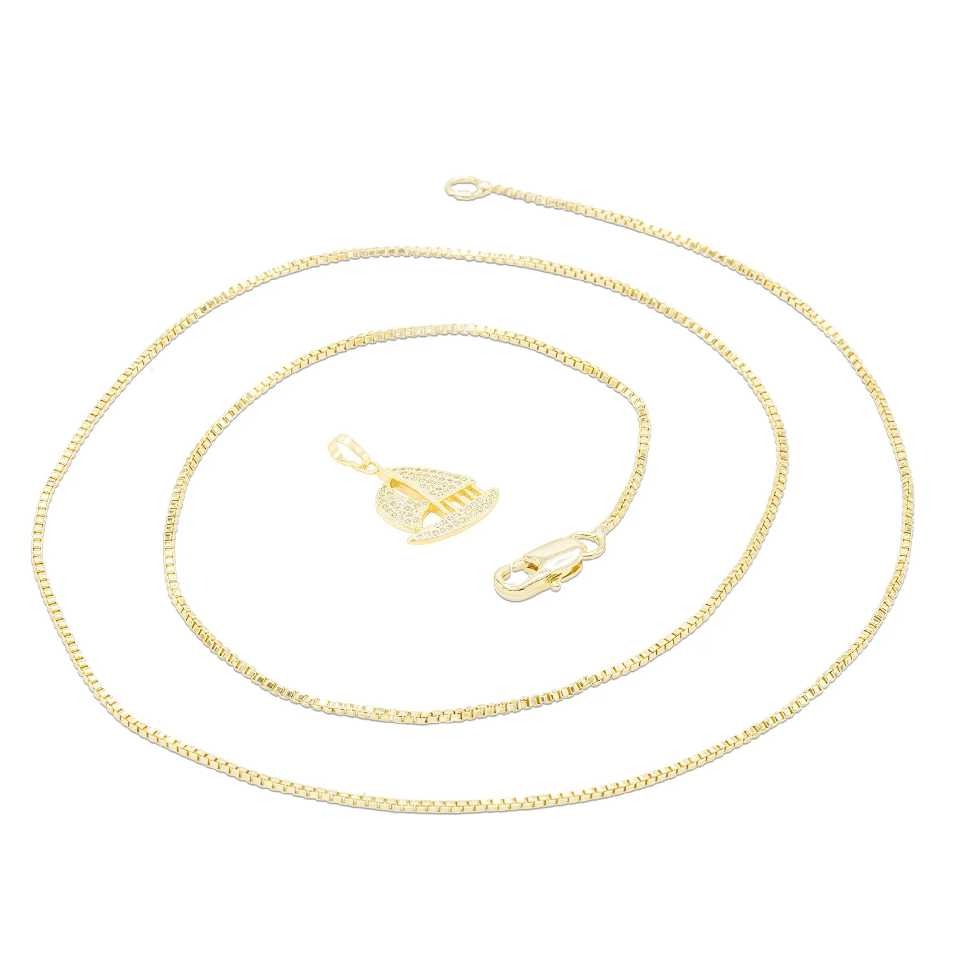 Cubic Zirconia Sail Boat Pendant 14K Gold Filled Necklace Set