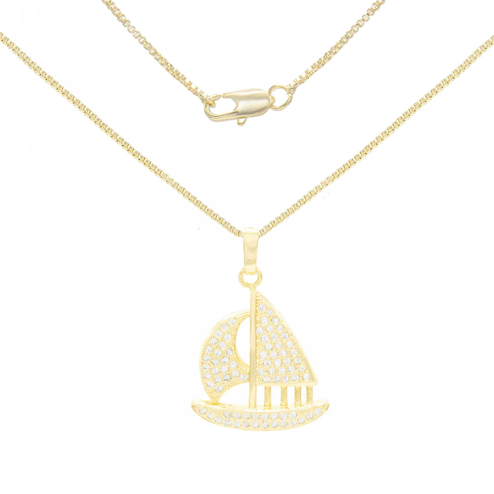 Cubic Zirconia Sail Boat Pendant 14K Gold Filled Necklace Set