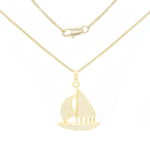 Cubic Zirconia Sail Boat Pendant 14K Gold Filled Necklace Set