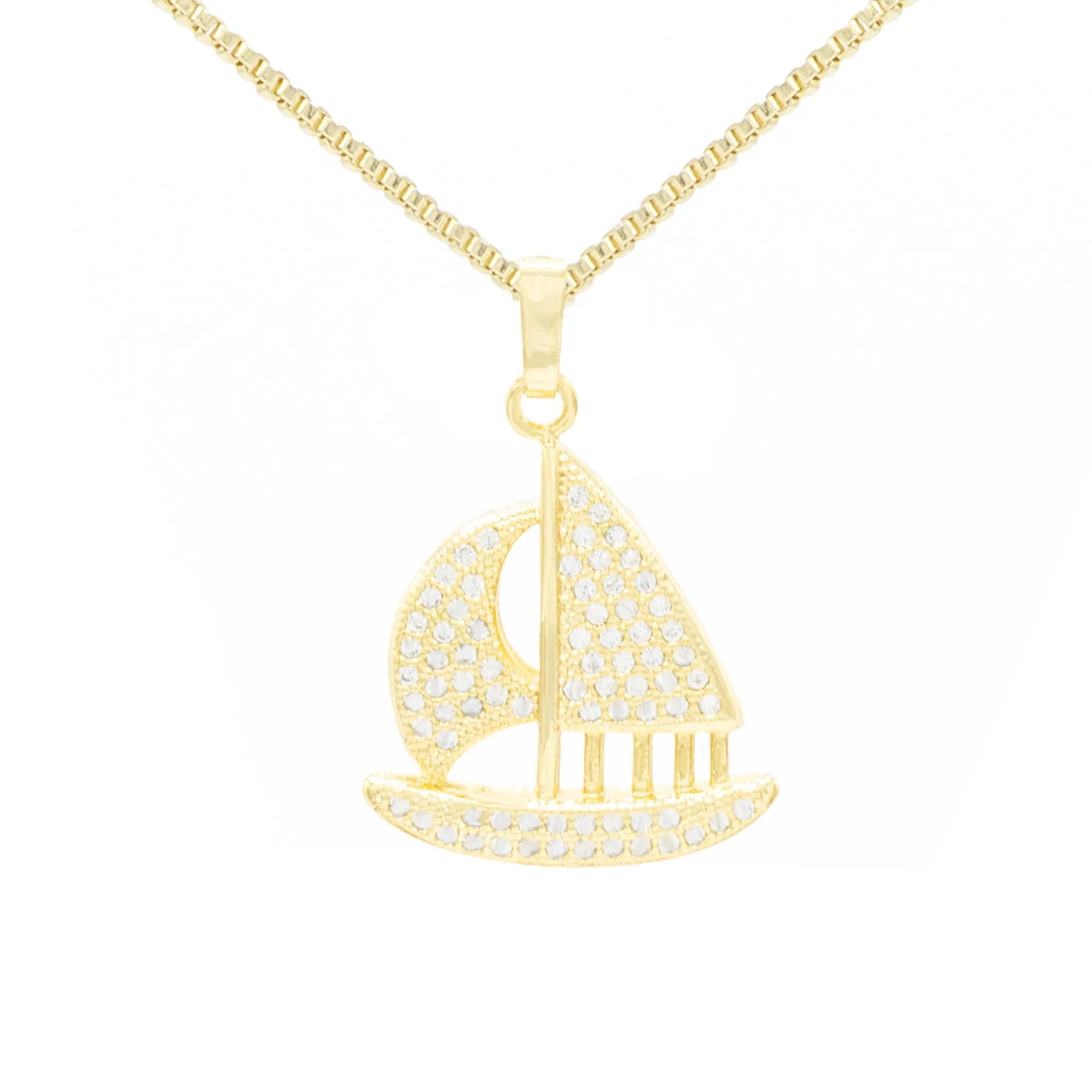 Cubic Zirconia Sail Boat Pendant 14K Gold Filled Necklace Set
