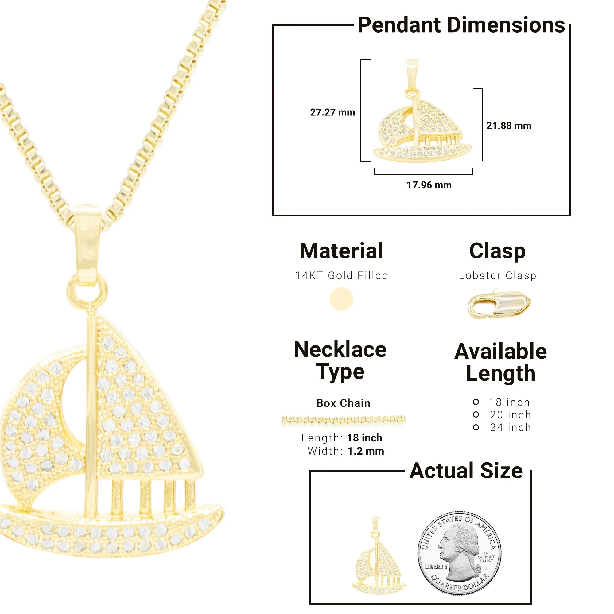 Cubic Zirconia Sail Boat Pendant 14K Gold Filled Necklace Set