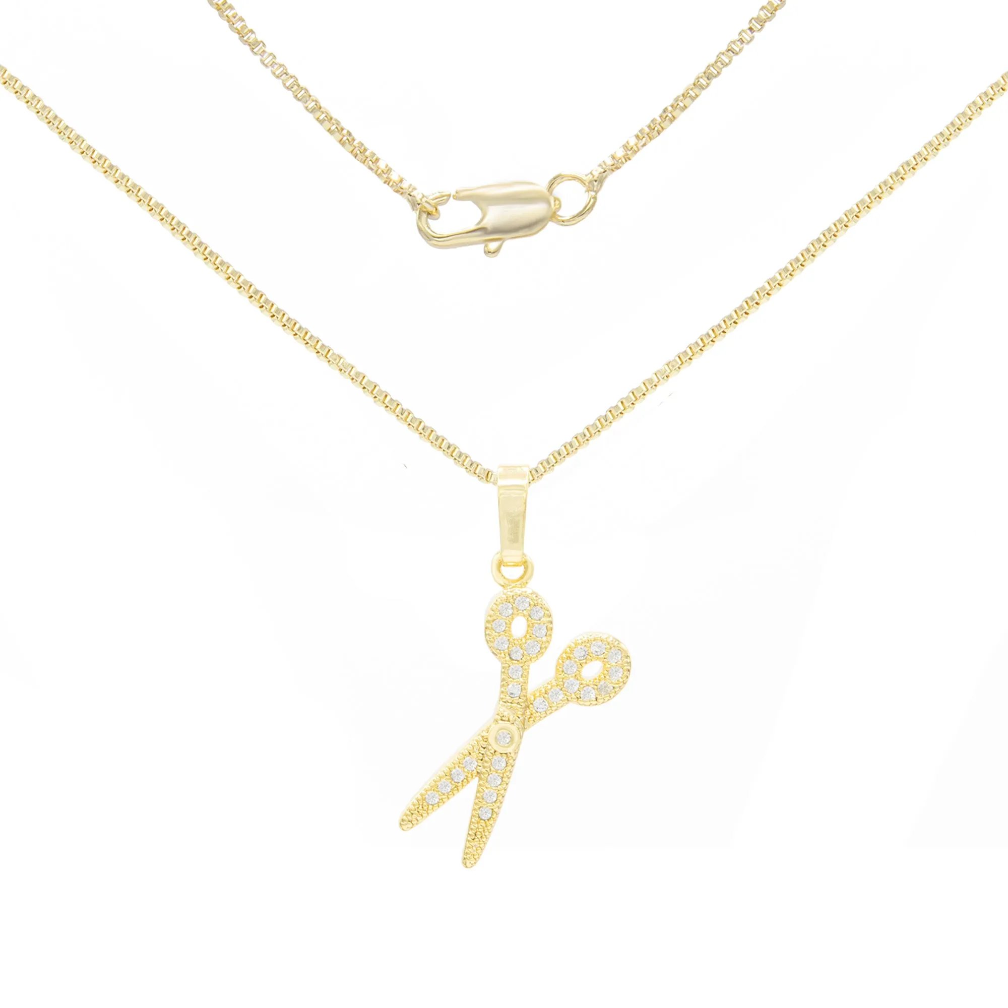 Cubic Zirconia Scissors Pendant 14K Gold Filled Necklace Set
