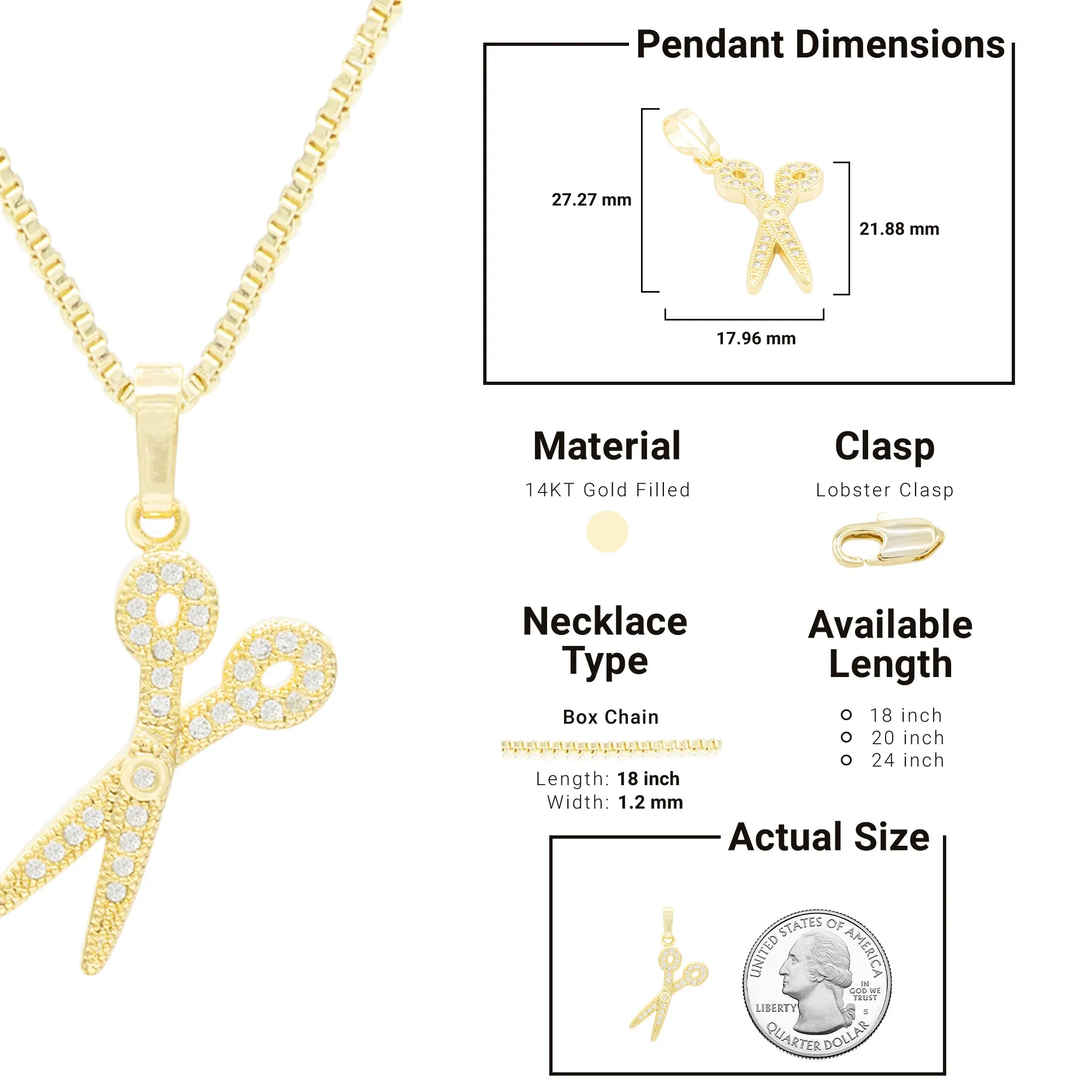 Cubic Zirconia Scissors Pendant 14K Gold Filled Necklace Set
