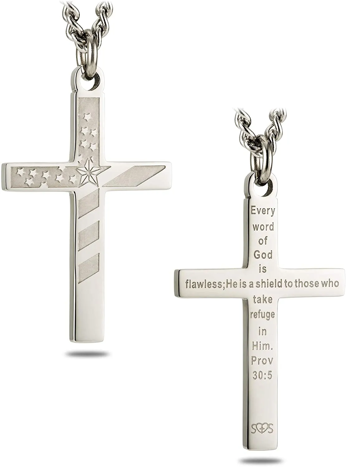 Men's Stainless Steel Flag Cross Necklace- Proverbs 30:5