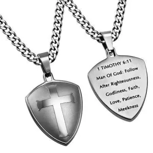 Men's Stainless Steel Silver Shield Cross Necklace Man Of God