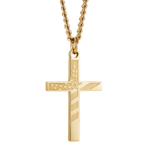Men's Yellow Gold Plated Flag Cross Necklace - Proverbs 30:5