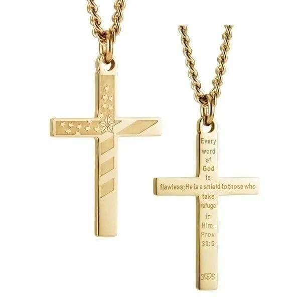Men's Yellow Gold Plated Flag Cross Necklace - Proverbs 30:5