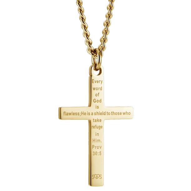 Men's Yellow Gold Plated Flag Cross Necklace - Proverbs 30:5